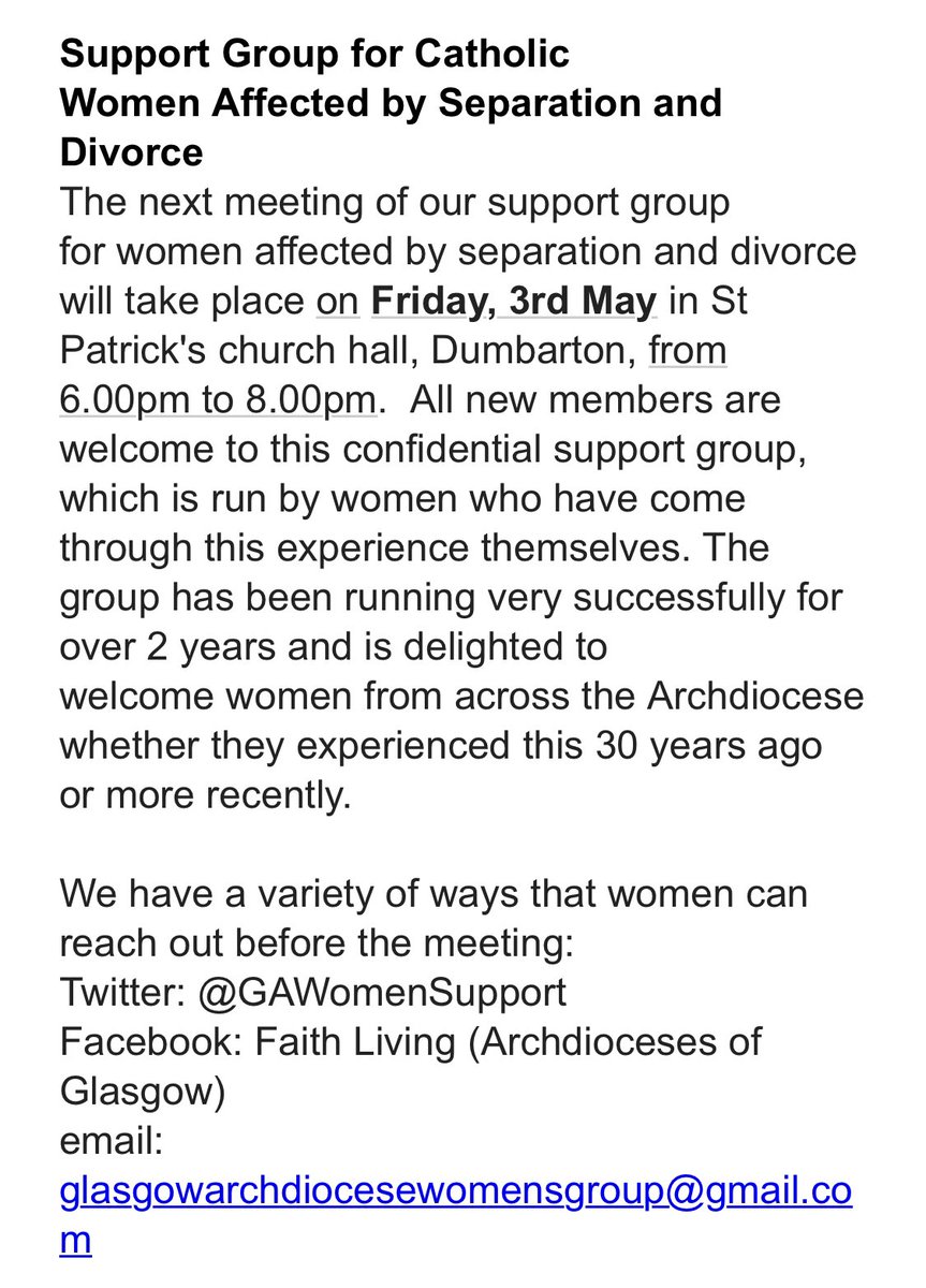 📣📣 The next meeting of our support group for women affected by separation and divorce will take place: Friday, 3rd May St Patrick's church hall, Dumbarton, from 6.00pm to 8.00pm 📣📣 email: glasgowarchdiocesewomensgroup@gmail.com @ArchdiocGlasgow