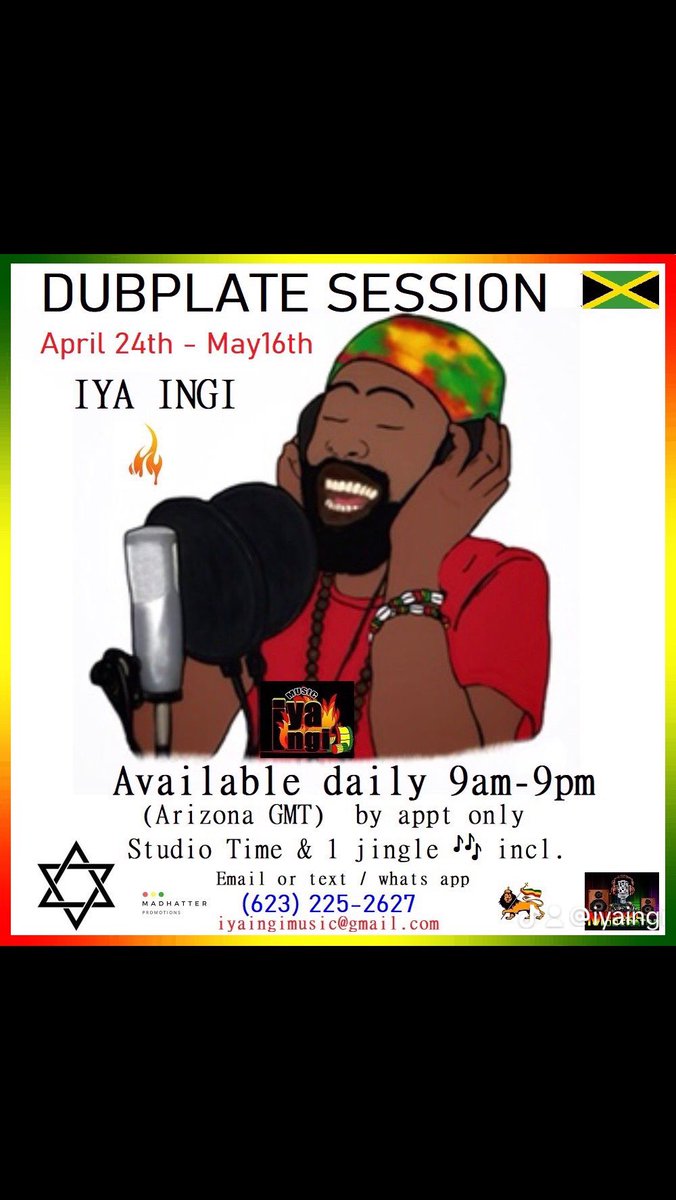 FIREINGI's tweet photo. Live Dub Session

Iya Ingi- di fire ingi the i-thiopian Hierarchy MuZiKaL AmbassaDor
Proffessional Dubplates on location in studio 
Chandler, Irie-Zona 
April 24th -May16th
 &amp; 1 jingle 🎶
DIRECT CONTACT
Email or text 
/ whats app
(623) 225.2627
(847) 612.6117
iyaingimusic@gmail. https://t.co/50ObreRvBB