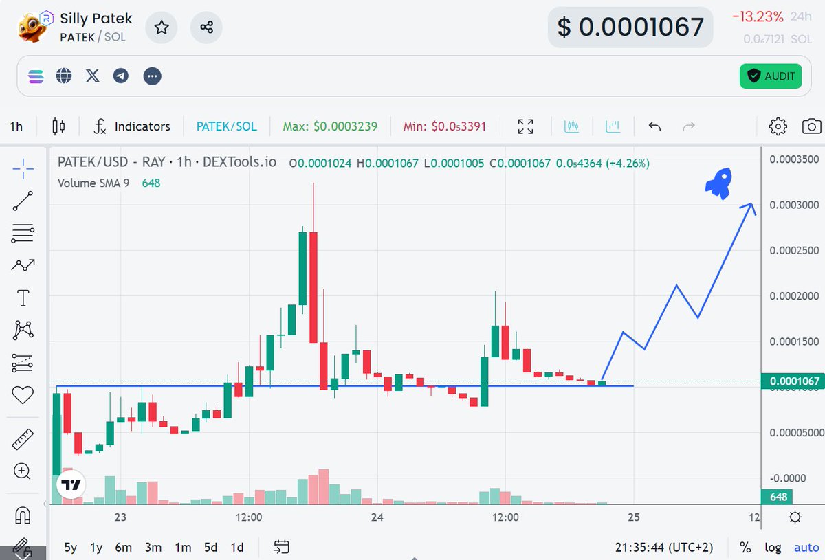 Just aped into $Patek! 

Chart looks bottomed out, sitting at strong support right now! Big breakout coming 🚀

📈 dextools.io/app/en/solana/… 

Still very early GEM here <100k MC, based team & CA verified.

Volume is slowly picking up again and CMC Listing is around the corner 🔥…