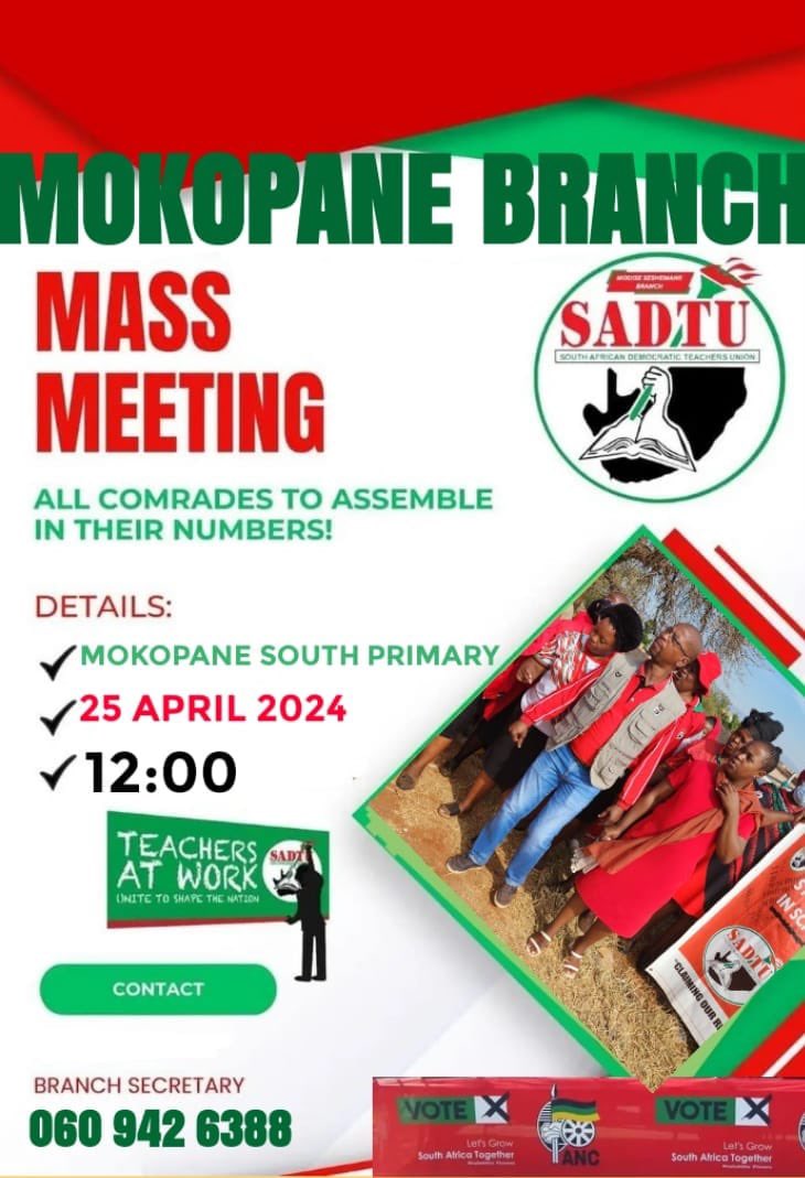Tomorrow SADTU Mokopane Branch will have a Mass Meeting at Mokopane South Primary School #Time12h00 @_cosatu