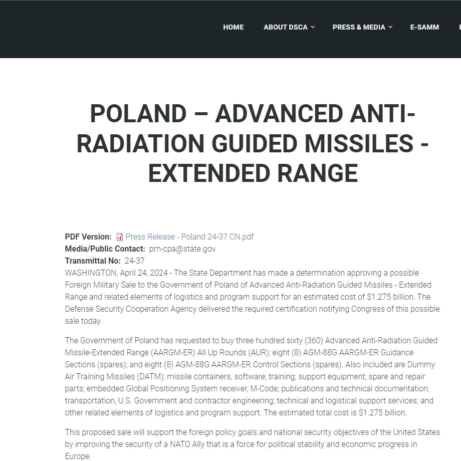 .@StateDept 🇺🇸 authorizes a proposed Foreign Military Sales #FMS case to 🇵🇱 #Poland Advanced Anti-Radiation Guided Missiles - Extended Range and related elements of logistics and program support for an estimated cost of $1.275 billion. tinyurl.com/9sm695x