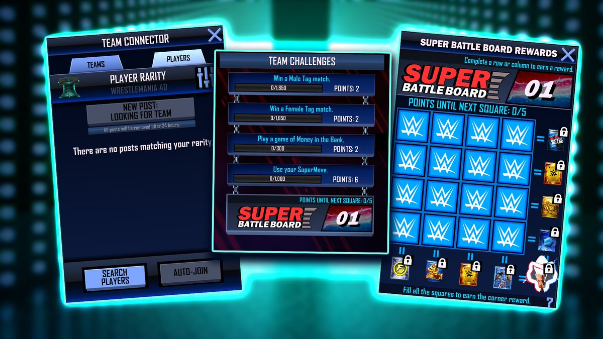 🚨 SUPER BATTLE BOARD 🚨 • LOCATED UNDER THE SOCIAL TAB • Complete team challenges to earn point for the next square • Complete a row for a reward (diagonals don't count) • Weekly & Monthly Challenges • Completing challenges will unlock new ones #WWESuperCard