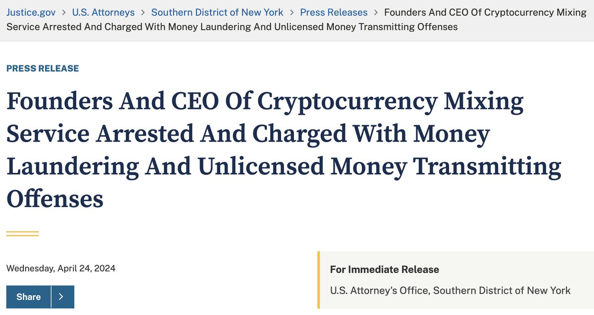 JUST IN: 🇺🇸 US DEPARTMENT OF JUSTICE ARRESTS POPULAR #BITCOIN MIXER SAMOURAI WALLET FOUNDERS AND CEO, CHARGED WITH MONEY LAUNDERING