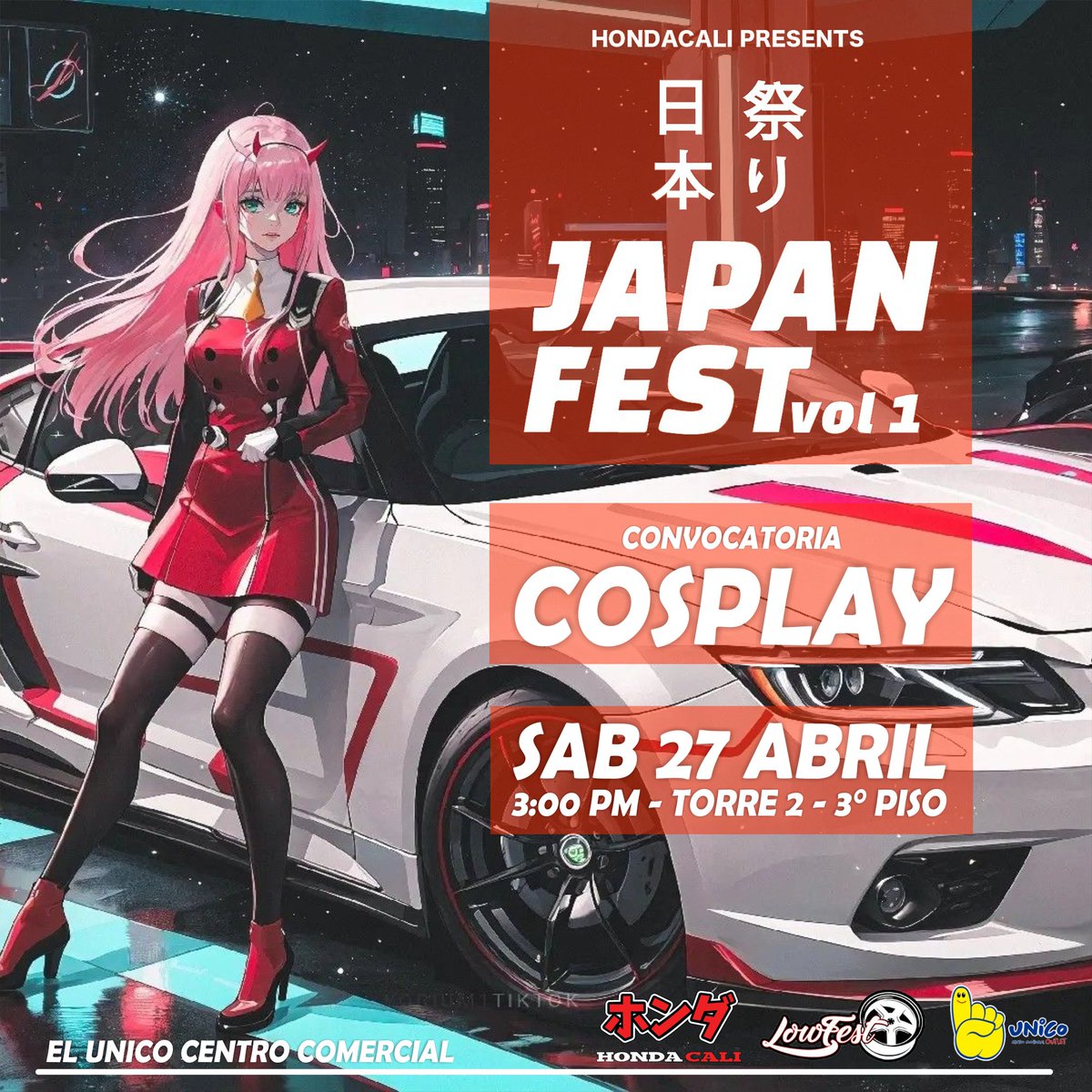 Los invitamos al <a href="/unicooutlet/">UNICO CC Outlet</a> este 27 - 3:00 al 
JAPAN FEST - Vol 1

una exclusiva exhibición de autos Japoneses. e invitamos a los Cosplay para realizar sesión en estos increíbles vehículos.

Inscríbete: forms.gle/DmMXV6ATRQjFMU…

#cosplay #shinanime #fotografia #look #Cali #style