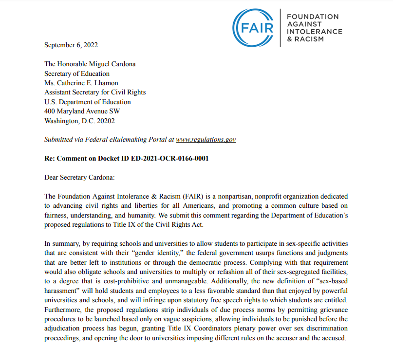 FAIR previously filed public comments on two proposed Title IX rules: one governs sex-based discrimination in educational programs in general, and the other governs sex-based discrimination in the context of sports. fairforall.org/content/pdfs/g…  fairforall.org/wp-content/upl….