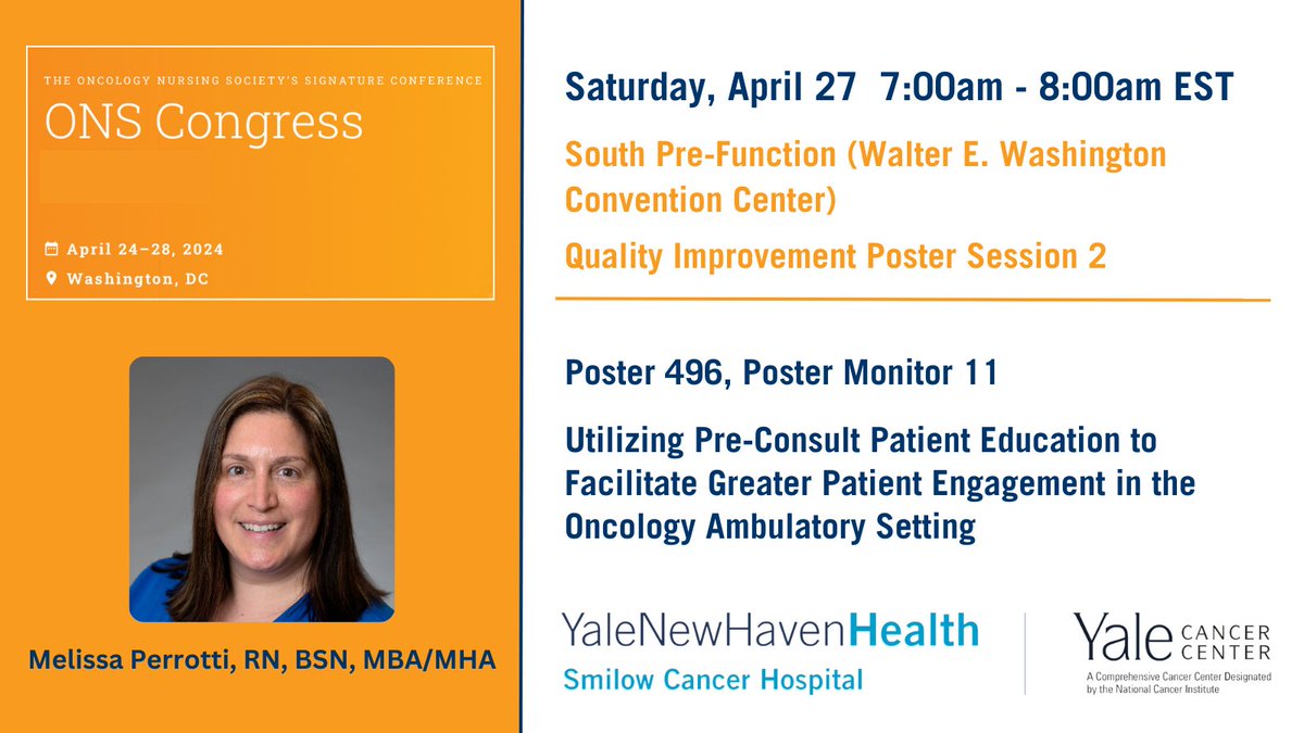 Tomorrow at 7am, Melissa Perrotti, RN, BSN, MBA/MHA, presents results of a QI project showing that educating a patient on their diagnosis has ➕ impacts on compliance and participation. #ONSCongress #ONS24 ons.confex.com/ons/2024/meeti… @SmilowCancer @YaleMed @YNHH @YaleGICancers