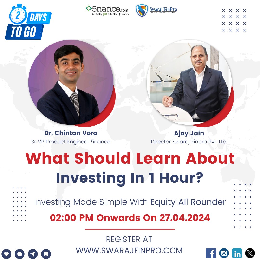 Investing Made Simple With Equity All Rounder. Join The Amazing Webinar On 'What Should Learn About Investing In 1 Hour?'

To Join The Webinar, Click The Link Now! bit.ly/4aU3CvJ
Visit: swarajfinpro.com
Call: 𝟗𝟔𝟑𝟎𝟎𝟓𝟒𝟎𝟓𝟎 / 𝟗𝟗𝟗𝟑𝟎 𝟐𝟓𝟔𝟐𝟓