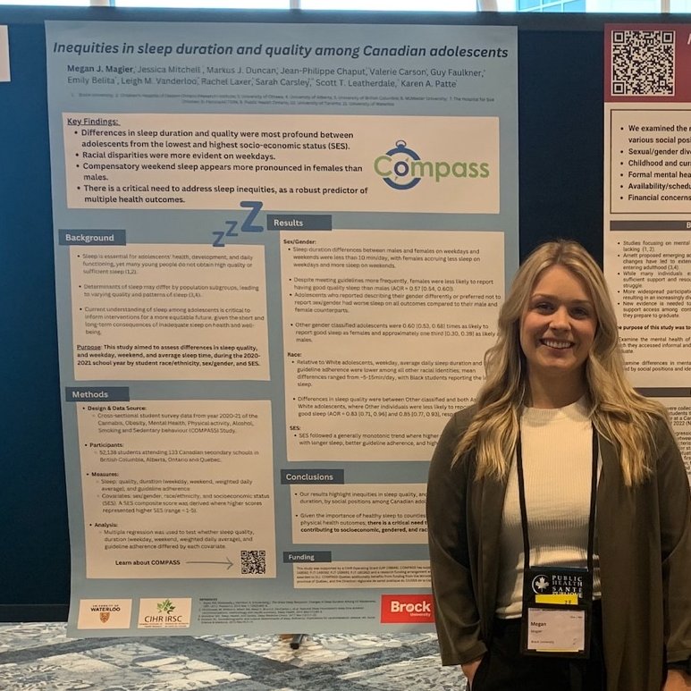 PhD Candidate Megan Magier presented our work at @CPHA_ACSP in Halifax on inequities in #sleep duration & quality among adolescents in Canada in the @COMPASS_UW study #PH24SP