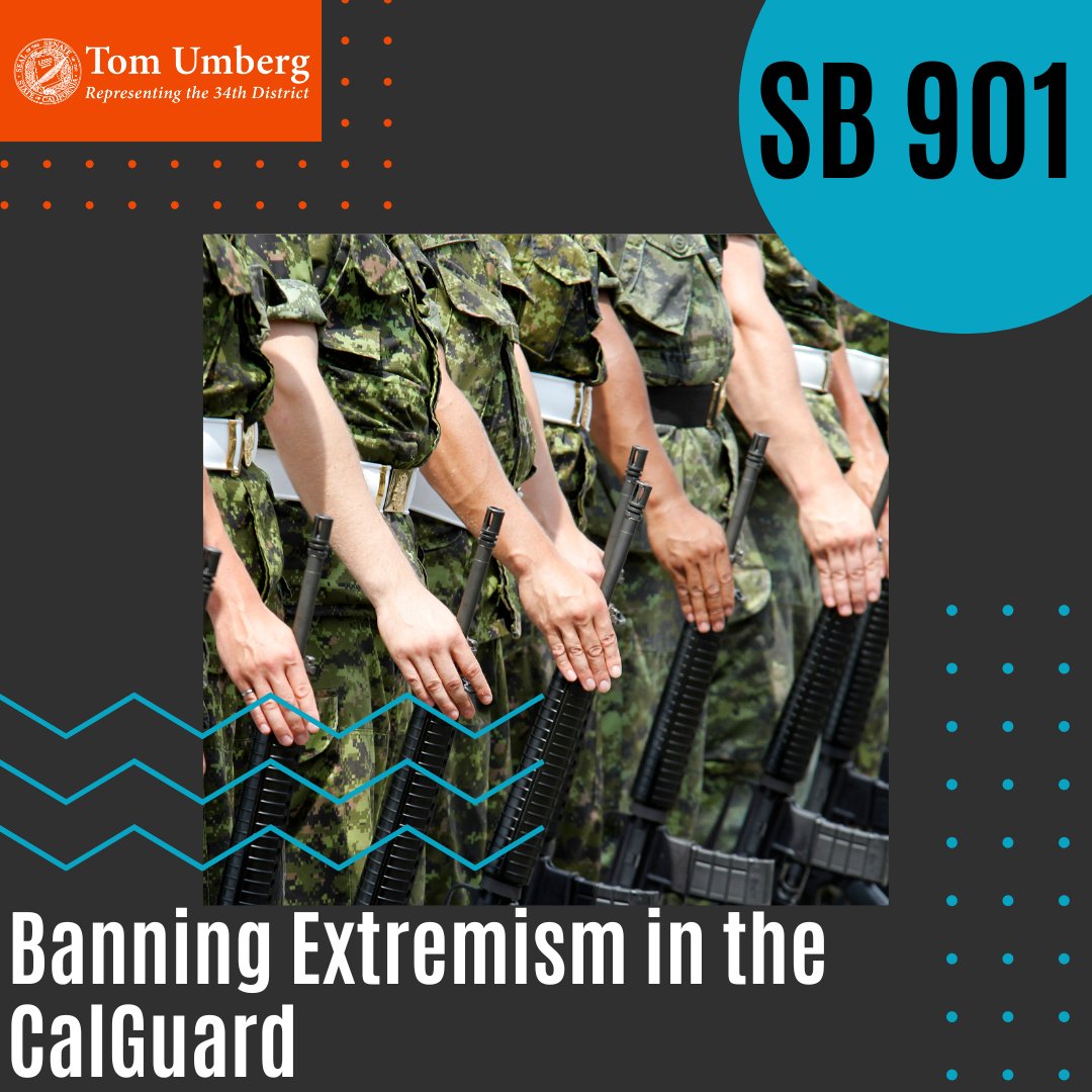 SenatorUmberg's tweet photo. My #SB901 would prevent enlistment or require an administrative discharge for members of the California National and State Guards if that person advocates for or engages in extremist activity.

Thank you to my #CALeg colleagues for supporting this effort earlier this week. https://t.co/ClO8gb68dV