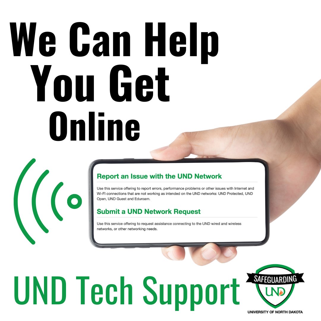 UNDTechAlert's tweet image. Having trouble connecting to UND WiFi? Submit a ticket through our website or visit us at the Help Desk in the Chester Fritz Library!

#UNDproud #Stayconnceted