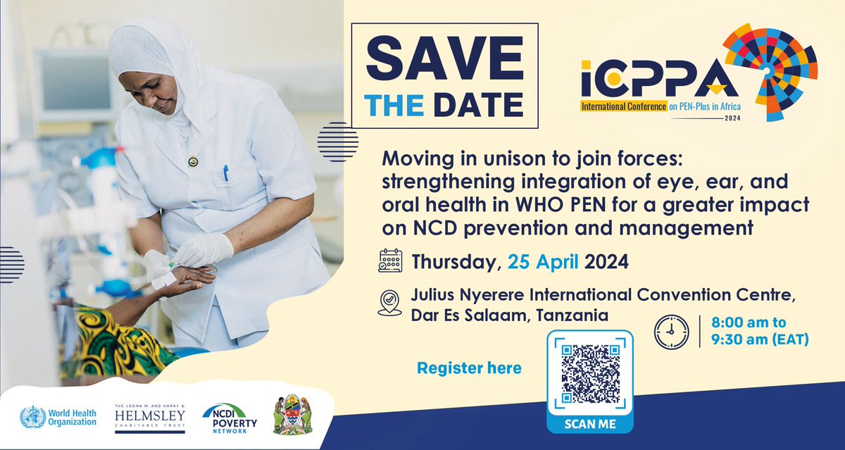 Tomorrow, April 25th, join us for the #ICPPA2024 side event on strengthening the integration of eye👀, ear👂🏿, and oral🦷 health for a comprehensive approach to #NCD care and management. 🕒 8:00-9:30 AM EAT 📍 Register now on Zoom: bit.ly/3vXPzGo #EndingDiseaseInAfrica