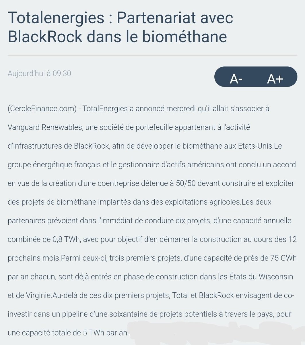 L'apocalypse pour un écolo pro retraite par répartition... 😱👹

Total 🇨🇵 et Blackrock 🇺🇸 s'associent 🤝:

🔹️création d'une co-entreprise dans le biométhane (50/50)
🔹️10 projets dans l'immédiat 
🔹️60 projets dans le pipeline aux 🇺🇸
🔹️5 TWh/an⚡️(en 🇨🇵 c'est 12 la prod.)