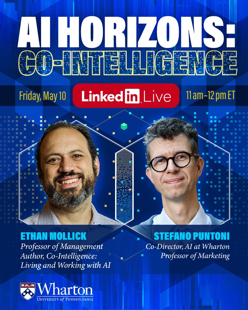 How can you work together with AI in your professional or academic lives? Join us on May 10 as Profs. @EMollick and Stefano Puntoni discuss Mollick’s new book, Co-Intelligence, and the role of AI in business leadership and education: whr.tn/3Uxopzp #AIatWharton