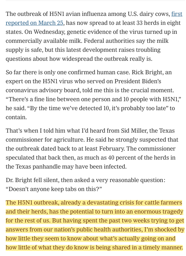 New piece on H5N1. I've spent weeks talking with officials from the FDA, USDA, CDC, WH, ASPR, etc., and with public health and agriculture people in various states about the growing H5N1 cattle outbreak. It's not good. We're not responding properly. nytimes.com/2024/04/24/opi…