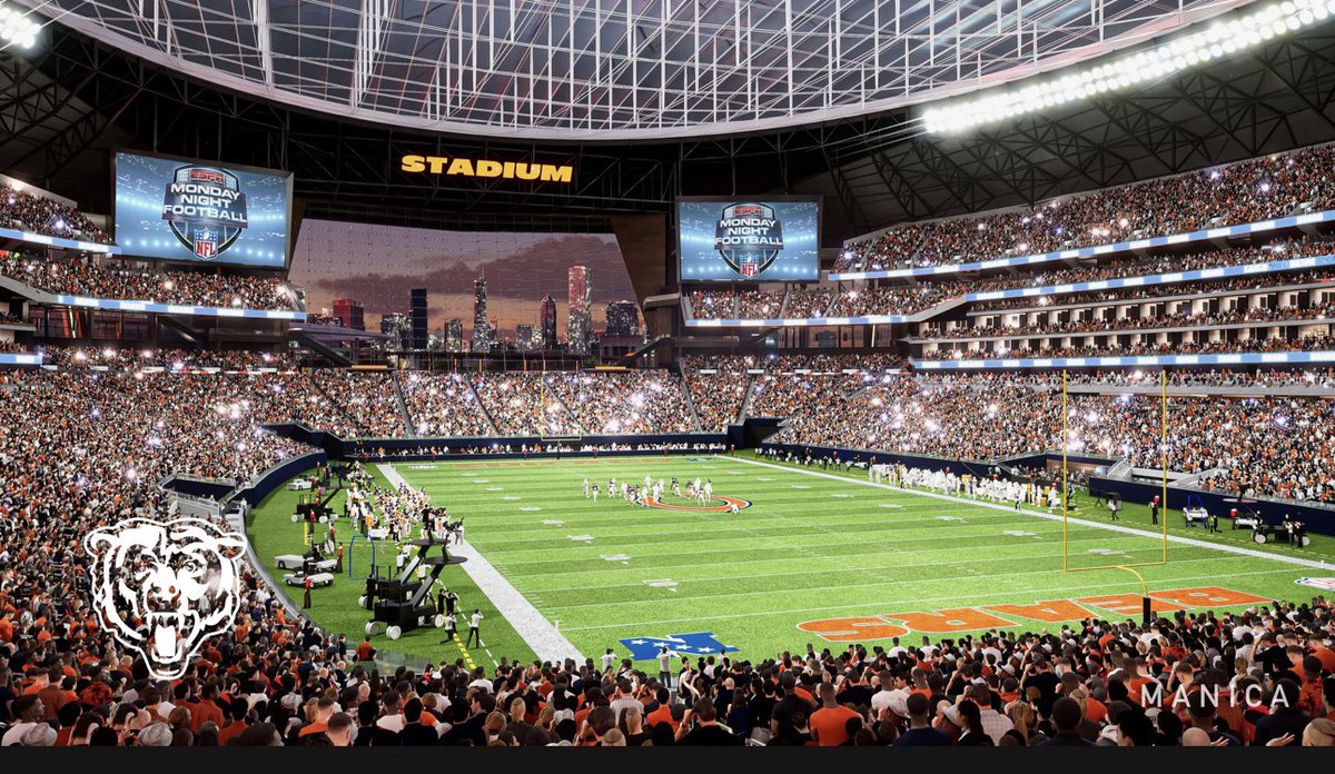 RockEm's tweet photo. Take a sneak peek at these stunning new renderings for the #Bears proposed downtown Chicago stadium 🐻 https://t.co/4CxMhsZRCK