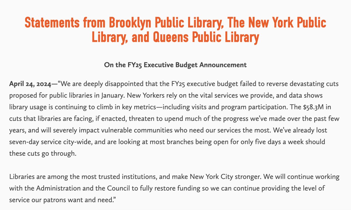 A statement from <a href="/BKLYNlibrary/">Brooklyn Public Library</a> President Linda E. Johnson, <a href="/QPLNYC/">Queens Public Library</a> President Dennis M. Walcott, and @NYPL President Anthony W. Marx: on.nypl.org/4b6wlNB