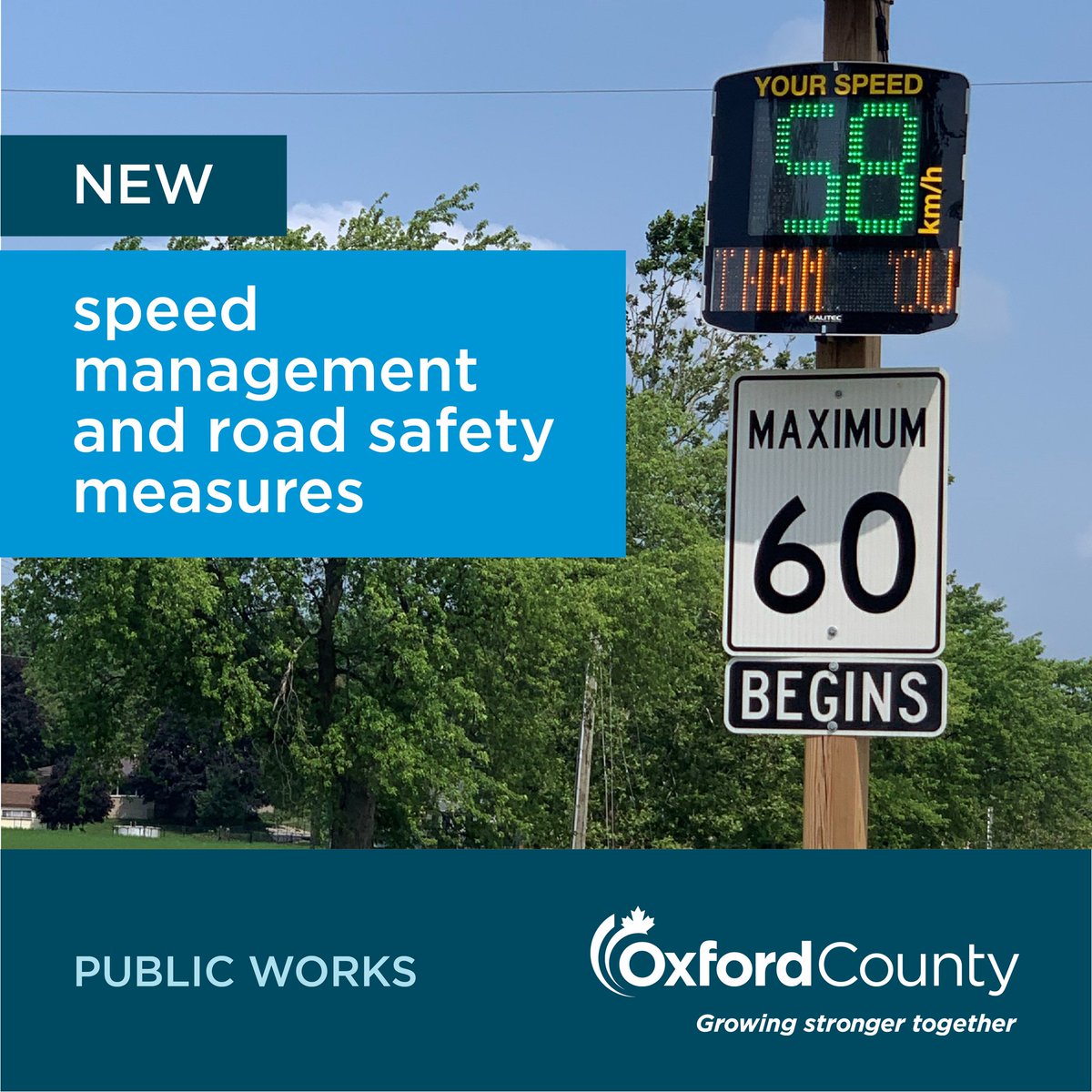Watch for NEW speed management and road safety measures in Sweaburg and Foldens, including new electronic speed feedback signs and a new 70 km/h reduced speed limit on Oxford Road 12 (Sweaburg Road) from 150 m west of Trillium Line to just west of Chele Mark Drive.