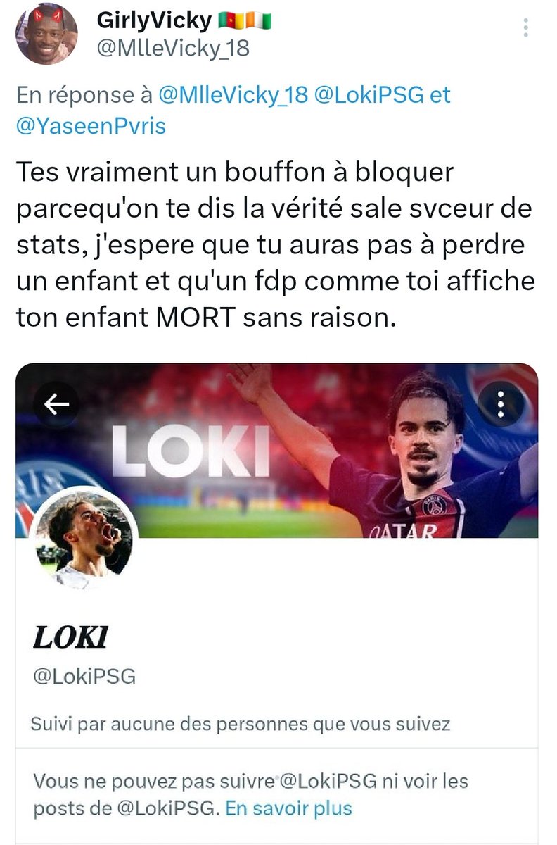 MFael237's tweet photo. @LokiPSG @MlleVicky_18 @YaseenPvris Ta grosse daronne la pvte alors continue à bloquer le karma lui te bloquera pas fdp https://t.co/HLsoUsj2hs