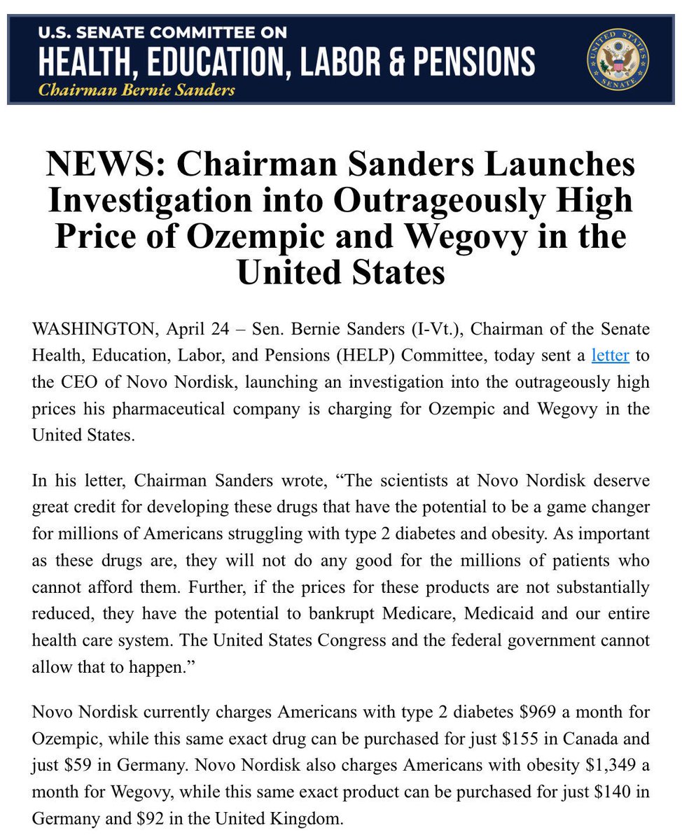No drug is worth anything if people cannot afford it. Today, I am launching an investigation into the outrageous prices Americans are charged for Ozempic and Wegovy. No one should have to pay up to $1,349 a month for prescription drugs that cost less than $5 to manufacture.