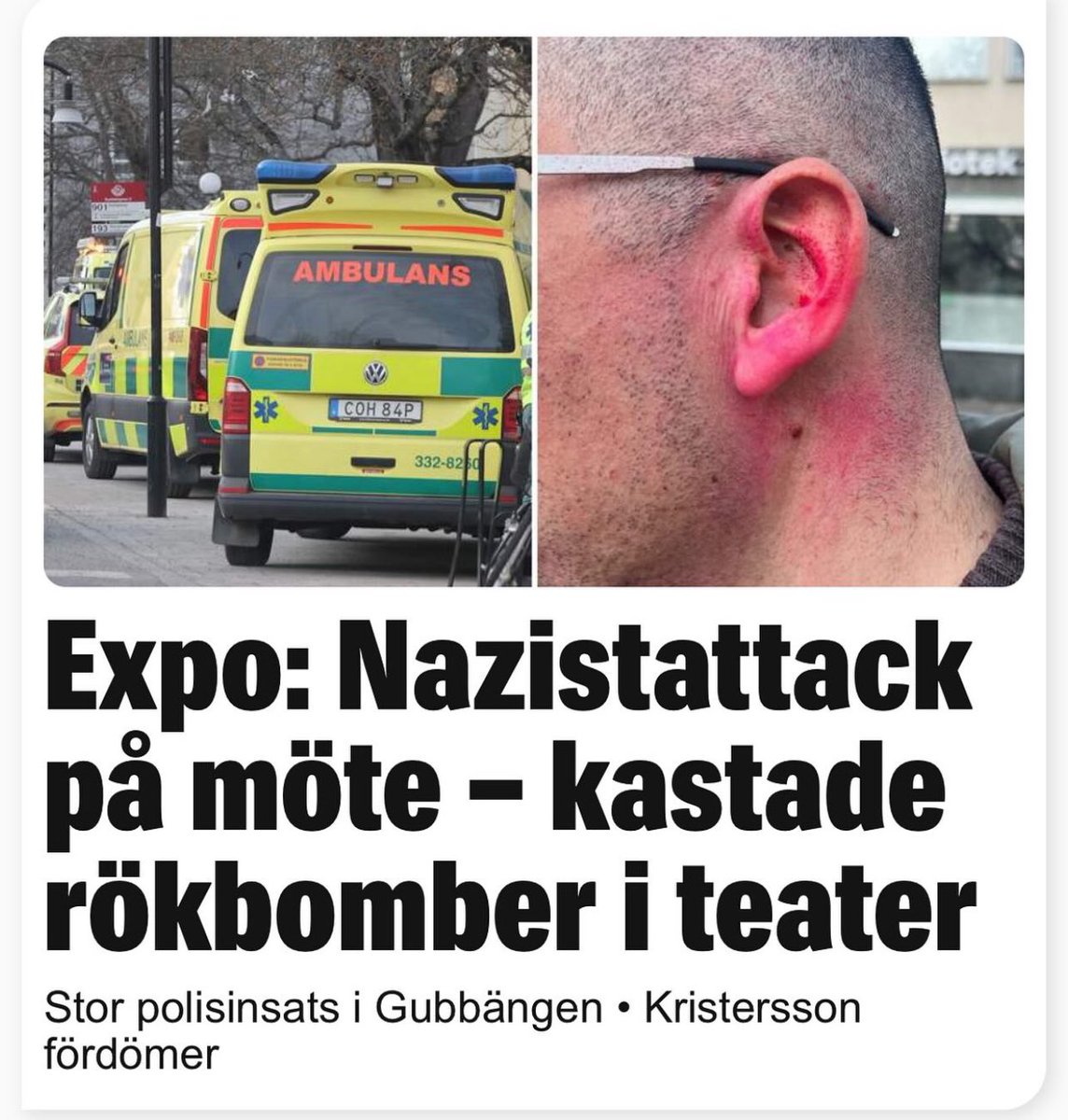 DEMOKRATIN ÄR UNDER ATTACK ! Den terror attack som skedde vid @vansterpartiet möte ikväll är fruktansvärd och oacceptabel och det är glädjande att se en uppslutning över partigränser som fördömer attacken. Tyvärr är våldet från högerextremister, nazister och rasister varken