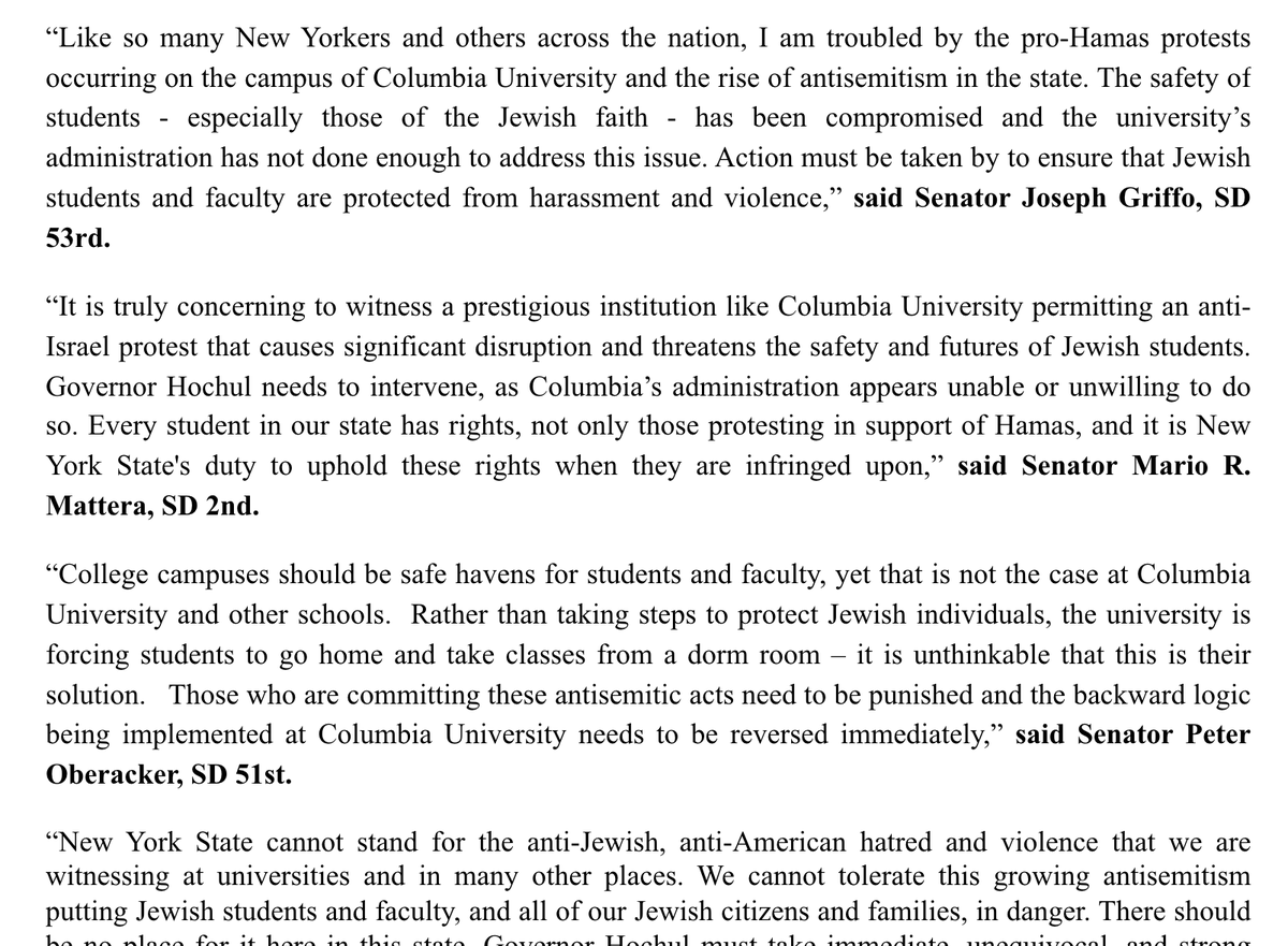 🧵📩 Members of the @nysenategop have sent an official letter to @GovKathyHochul demanding immediate, decisive action to protect Jewish students. What we are seeing right now on @Columbia campus is Antisemitic, anti-American, and in many cases illegal. (1/3)