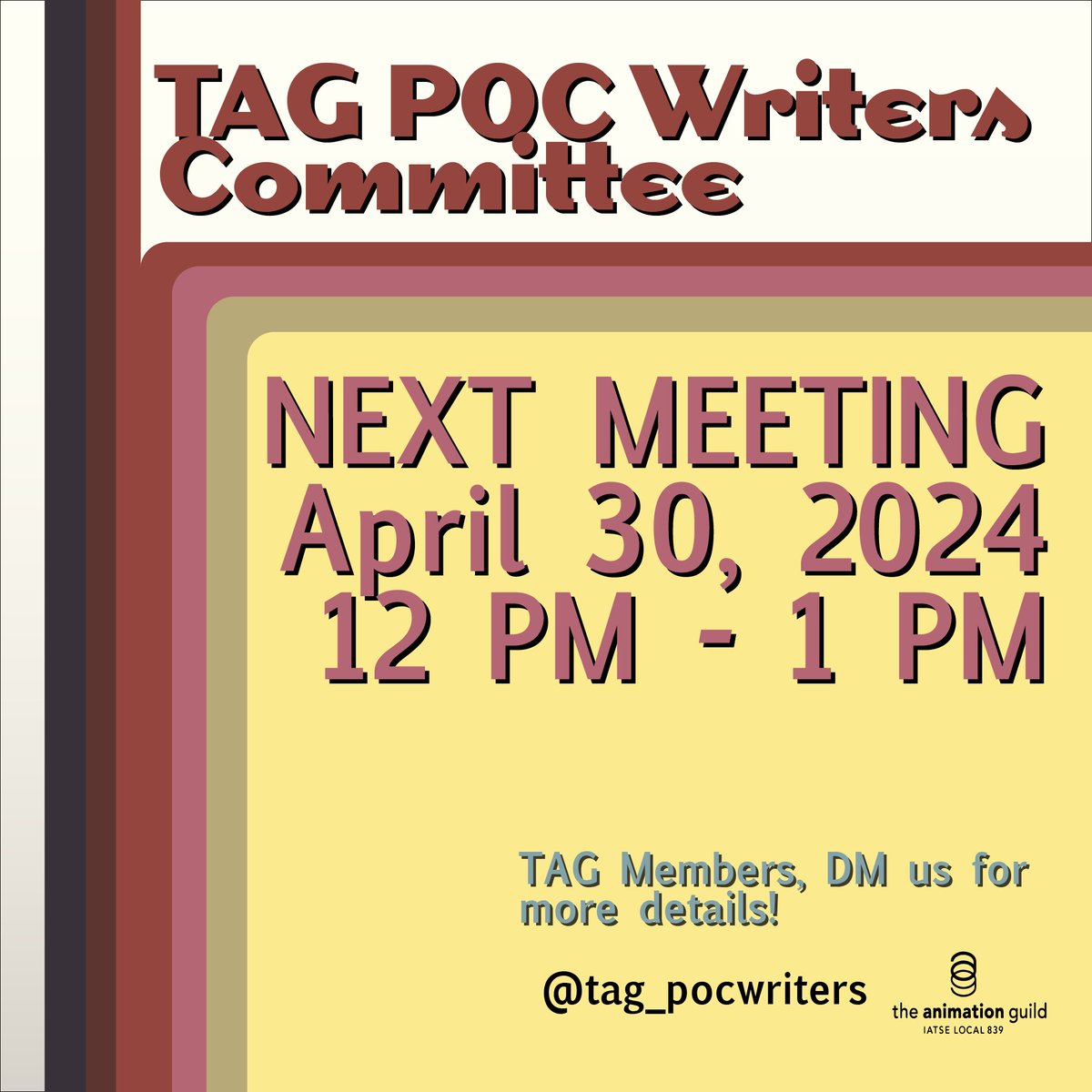 Hey, writers of color in the @animationguild! The POC Writers Subcommittee is having our next meeting on Tuesday, April 30th at *12 pm PT* via Zoom. Come hang out and build community with other BIPOC writers!