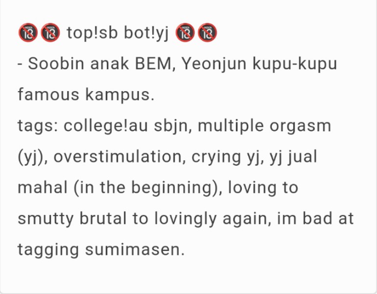 sandiakara's tweet photo. pajak kangen
— soobjun college!au 🔞 oneshot fic by sandya

(https://t.co/4Lik2jKIH5)

: be mindful of the tags (2nd pic) https://t.co/fWW4gJ2Tuz