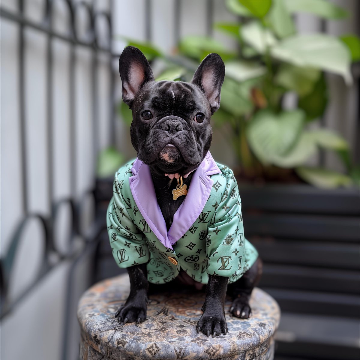 Title: 'Metropolitan Pooch: Style on the Steps'

#StylishFrenchBulldog #UrbanGarden #DesignerDogJacket #PetPortraitPhotography #luisvuitton #louisvuittonbag #louisvuittondog #luxuryart #art #genai #AIArt