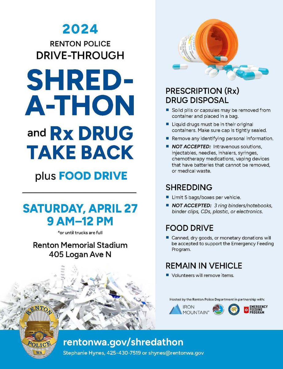 ⏰ 𝑹𝒆𝒎𝒊𝒏𝒅𝒆𝒓:  Shred-A-Thon & 💊Rx Drug Take Back 𝒊𝒔 𝒕𝒉𝒊𝒔 𝑺𝒂𝒕𝒖𝒓𝒅𝒂𝒚 𝒇𝒓𝒐𝒎 9 𝒂.𝒎. - 12 𝒑.𝒎. 𝒂𝒕 𝑹𝒆𝒏𝒕𝒐𝒏 𝑴𝒆𝒎𝒐𝒓𝒊𝒂𝒍 𝑺𝒕𝒂𝒅𝒊𝒖𝒎!

@DEASEATTLEDiv @IronMountain @CityofRenton 

#Shredathon #TakeBackDay