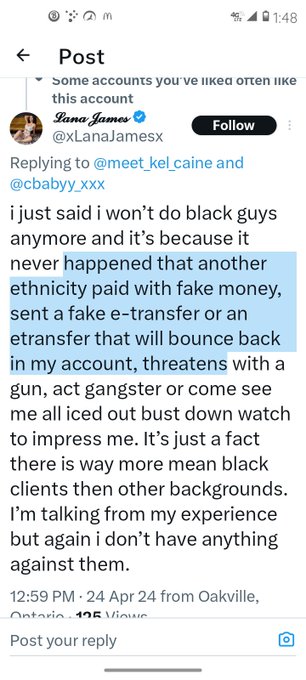 Attention!! White men don't pay y'all in fake money and do charge backs according to her. I'm sorry you