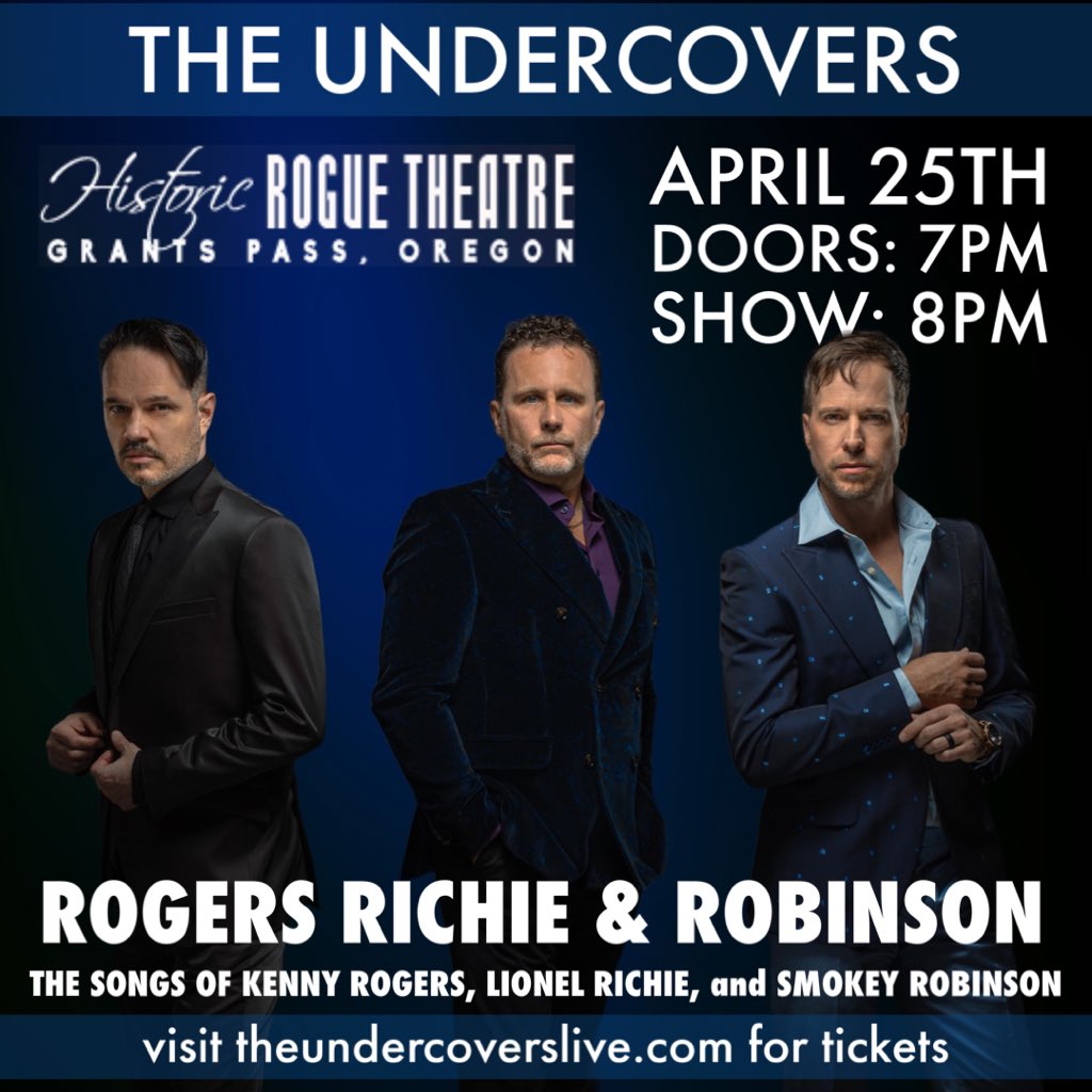 OREGON! We will be performing on APRIL 25th at the Historic Rogue Theatre in Grants Pass! Follow us on Bandsintown for info & tickets here: bnds.us/cdya11 #theundercovers #rogersrichierobinson #lionelrichie #kennyrogers #smokeyrobinson #lukemcmaster #kevinpauls