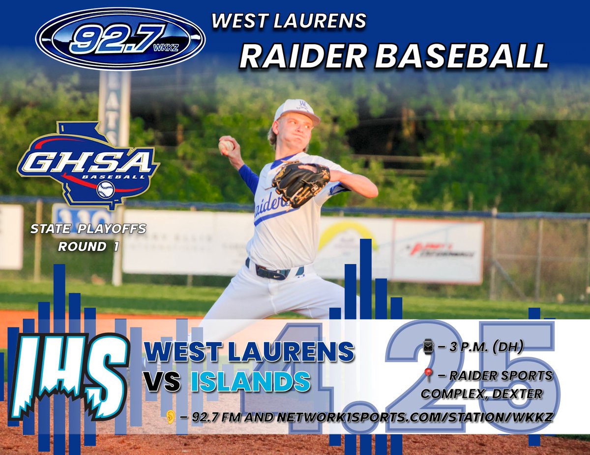 TOMORROW: @WestBballraider vs. @IslandsBaseball in a first-round doubleheader starting at 3 p.m. (broadcast airtime at 2:35). Listen here: 92.7 FM and network1sports.com/station/wkkz
