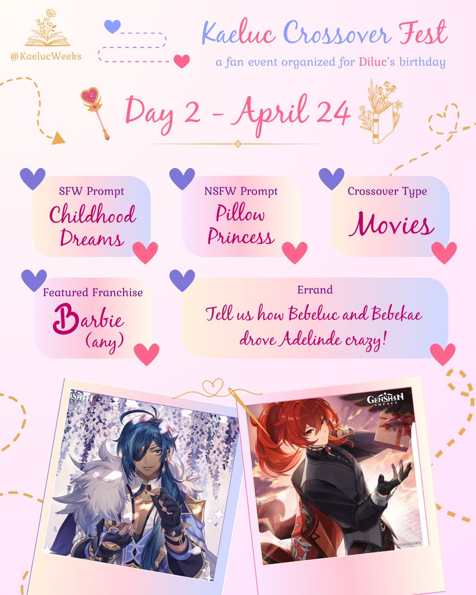 Check out the prompts for DAY 2 of the #KaelucCrossoverFest! 

Not feeling like making fanwork? Just tag us with your answer to the errand to participate without effort ✨