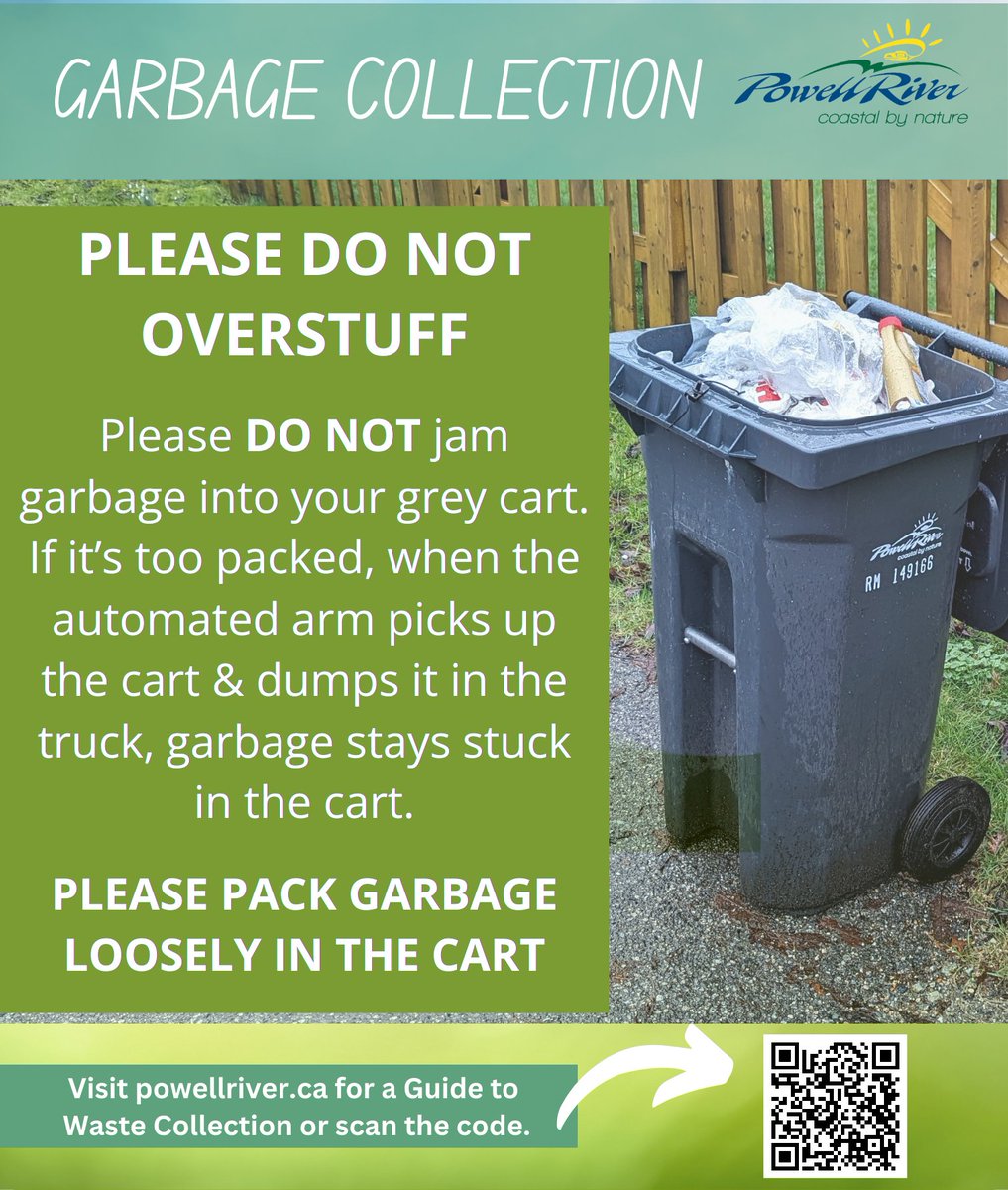 ℹ️ If you have too much garbage and overstuff, keep it loose by putting out an extra bag on collection day for a $5 tag or you have the option of purchasing a second cart for $80.
