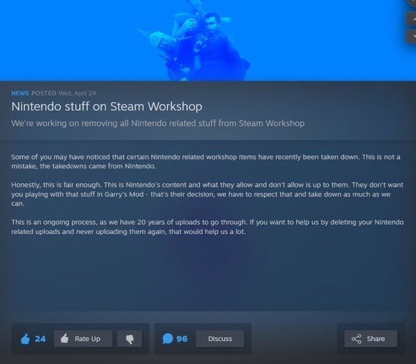 Garry's Mod is officially delisting all Nintendo related addons as a result of Nintendo themselves issuing takedowns.

Dunno what's going to happen to all the creators but this is officially the end of the Splatoon GMOD community.