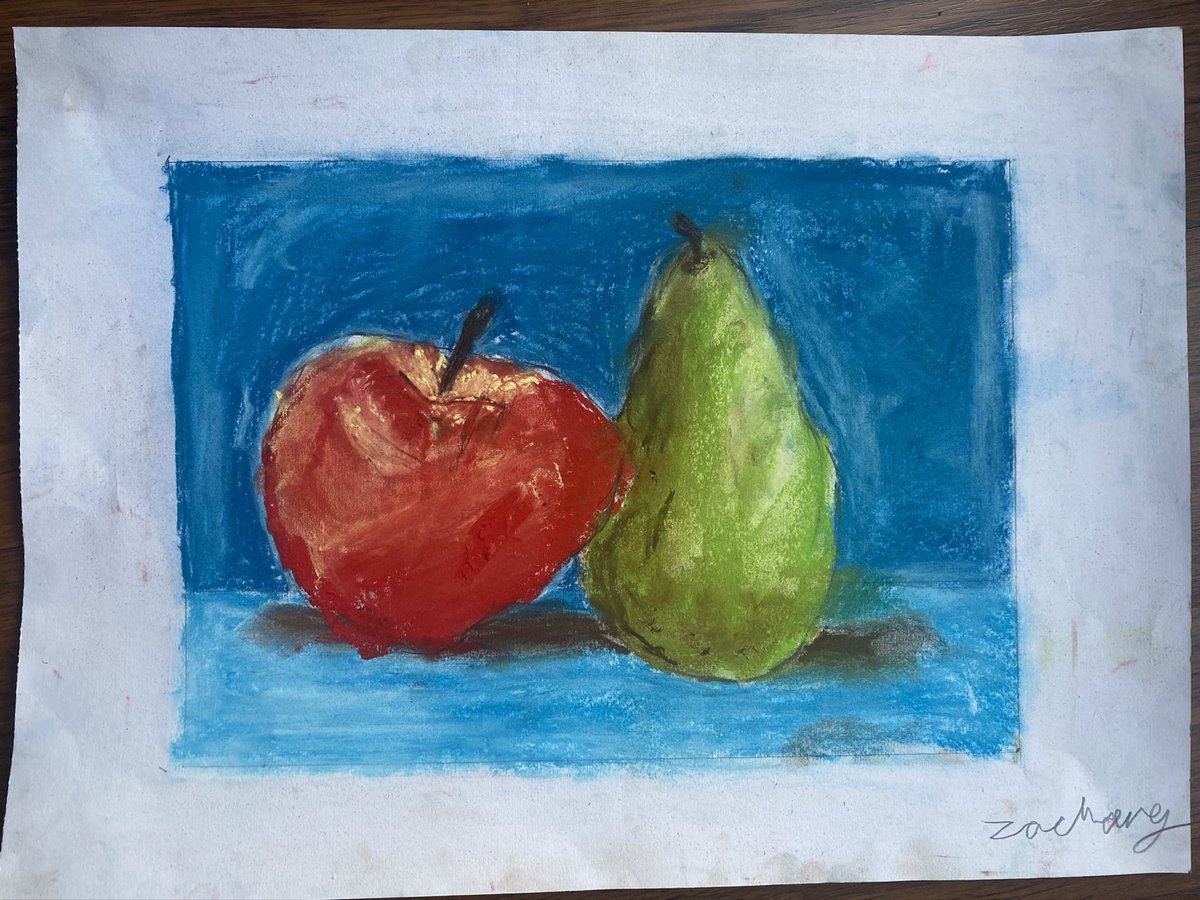 The 8 year old had art class after school today & he wanted me to share what he did, since so many people liked his owl painting. This 🍎 & 🍐 was done with pastels & I was pretty much blown away when he showed me.