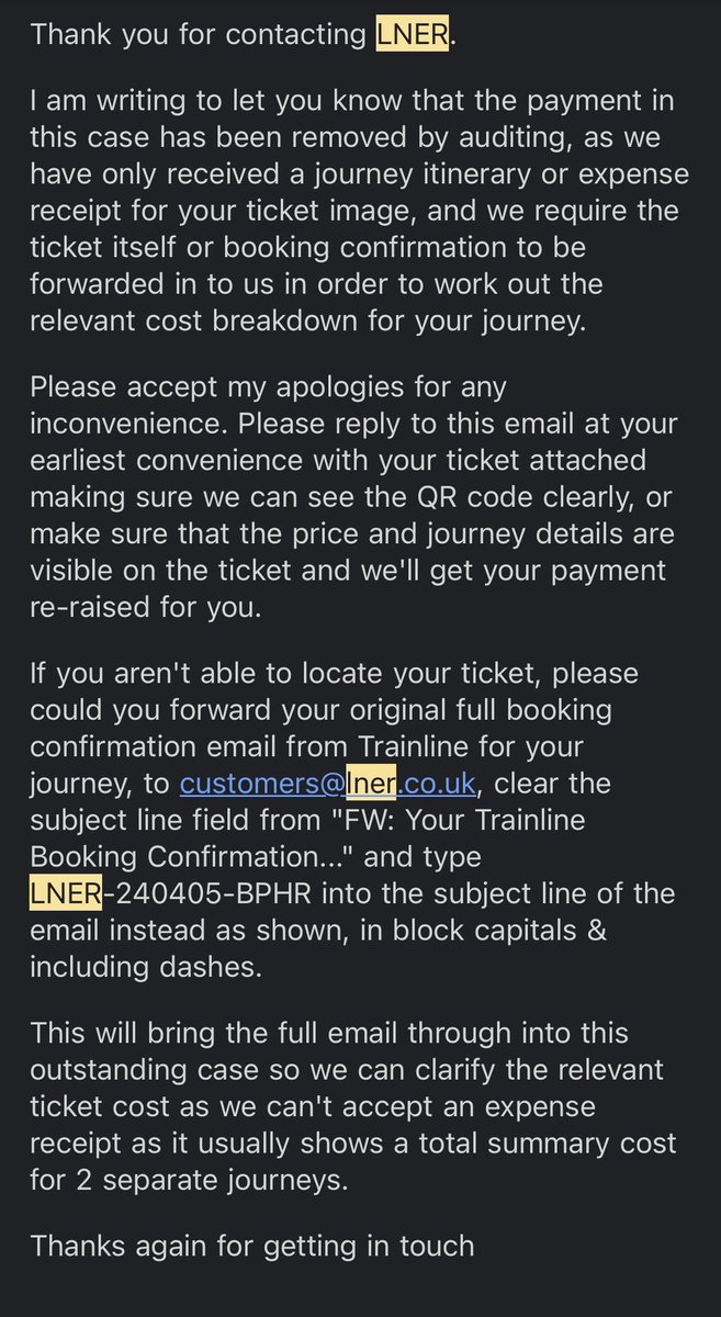 Hi <a href="/LNER/">London North Eastern Railway</a> , I have already sent the original booking email from Trainline as the email said but I haven’t received any refund from LNER. It has been 20 days since my journey. Could you please proceed the refund to me?