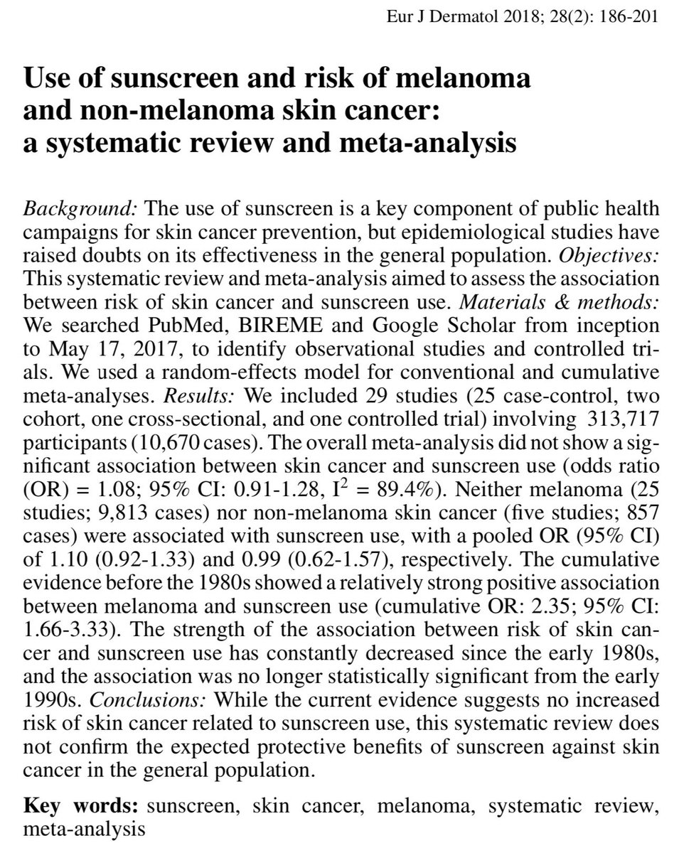 “While the current evidence suggests no increased risk of skin cancer related to sunscreen use, this systematic review DOES NOT confirm the expected protective benefits of sunscreen against skin cancer in the general population.”