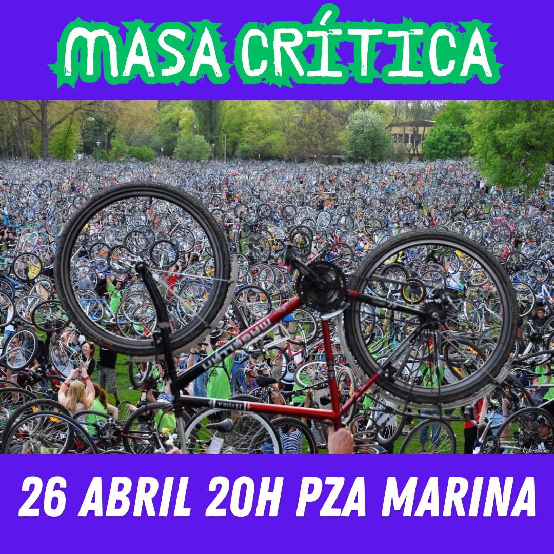 Este viernes Masa. Nuestros carteles cada vez son más cutres, mándanos el tuyo que seguro no será peor.

Viva la bici, los patines y todos los cacharros que ruedan sin liarla parda