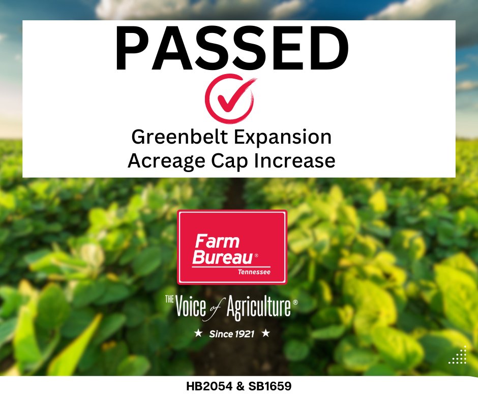 The Greenbelt Acreage Cap Increase bill passed the Senate this morning and now heads to the Governor's desk. Special thanks to Rep. Rick Eldridge & Sen. Page Walley for their support on this! This increases the acreage cap of 1,500 acres to 3,000 acres. #TNFarmBureau I #Policy24