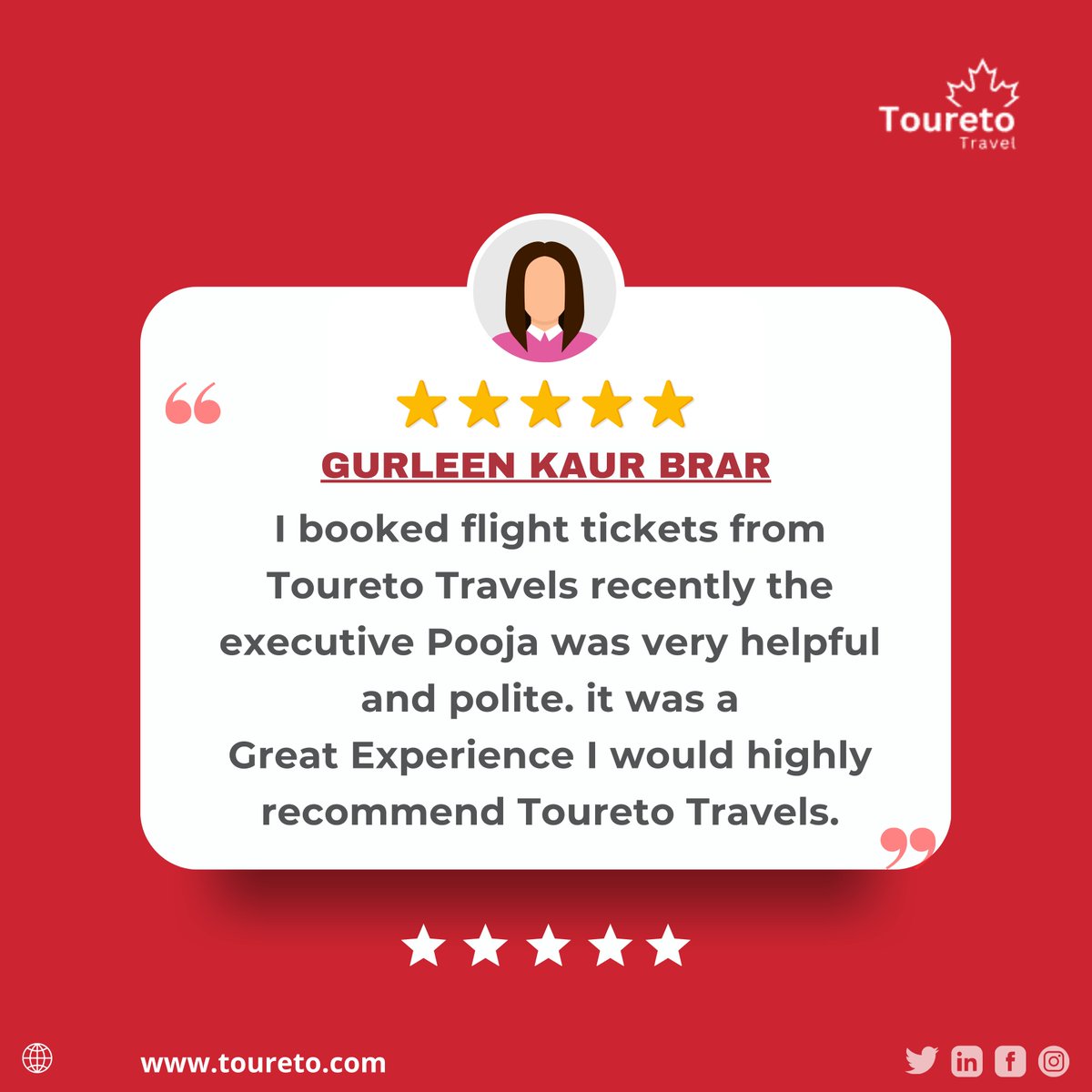 Thank you to our valued Toureto Travel customer for sharing your wonderful experience with us. Your satisfaction drives us to continually deliver exceptional service.#CustomerReview #HappyCustomer #TouretoTravel #TravelExperience #SatisfiedCustomer #TravelGoals #DreamVacation