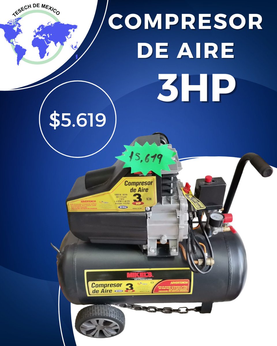 COMPRESOR DE AIRE 3HP NUEVO
Caracteristicas:
50 LTS
127 V
60 HZ
2200 W
116 PSI-8 BAR
3400 RPM
31.5 KGS
CONEXION: CONTACTO
GARANTIA: 6 MESES
#tesech #Mikels #Compresor #enviosnacionales #PreciosDeMayoreo