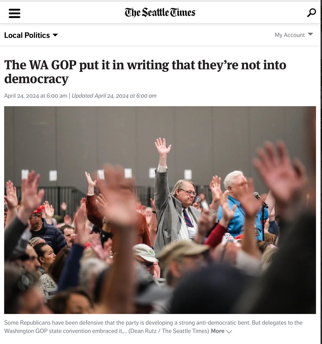 MEANWHILE in #WashingtonState .. The WA GOP put it in writing that they’re not into democracy 
tinyurl.com/ynfe8dtf  
Republican base, it turns out, is now opposed to democracy. Their words, not mine, as you’ll soon see. READ FULL PIECE ... it sickens you.
@votevets @maddow
