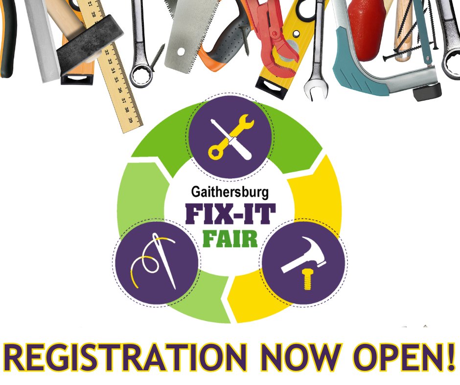 Registration is OPEN for our 3rd annual Fix-It Fair on June 1! 🛠️ We'll have fixers available in: 👕Clothing Repair 🔧Tool Sharpening 💍Jewelry Repair 🔌Small Appliance Repair 🚲Bicycle Maintenance & more Spaces are LIMITED, secure your spot at gburg.md/4de8bCQ