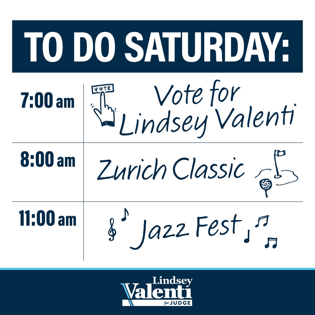 Saturday is going to be a jam-packed day full of amazing events! Start off strong by voting for Lindsey Valenti as Judge of the 24th JDC.
Visit voteforvalenti.com/vote to find your polling precinct!