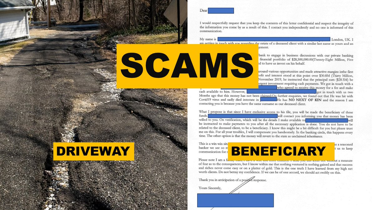 #NthldOPP advise of a recent spike in driveway and beneficiary scams. Do your research and do not provide full payment for incomplete or poor work. In regards to an inheritance, do not send money to unlock funds and contact other relatives to verify. Report #Fraud. ^jc