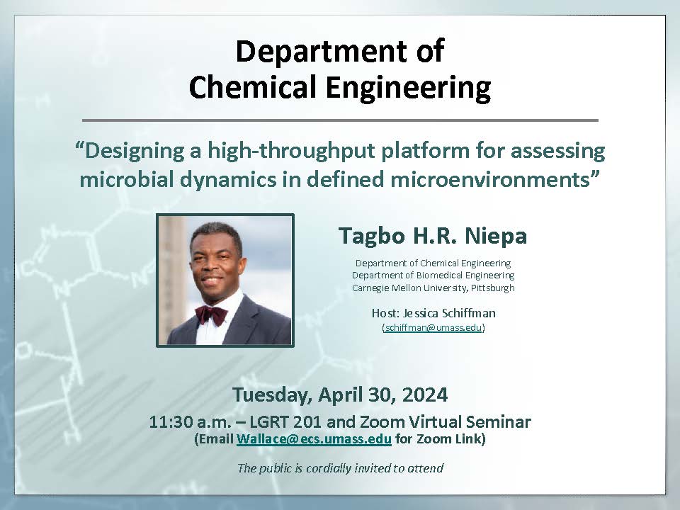 Join us for our next seminar: Tagbo H.R. Niepa Carnegie Mellon University Tuesday, April 30 at 11:30 a.m. LGRT 201 & via Zoom “Designing a high-throughput platform for assessing microbial dynamics in defined microenvironments”