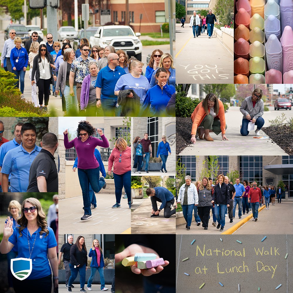 Today @FarmersMutualNE team members laced up their sneakers and got outside to celebrate #NationalWalkAtLunchDay. Encouraging messages on the sidewalk around our Home Office in #LNK gave #TeamFM an extra boost to continue making strides toward healthier living. 🚶‍♀️ 🚶‍♂️