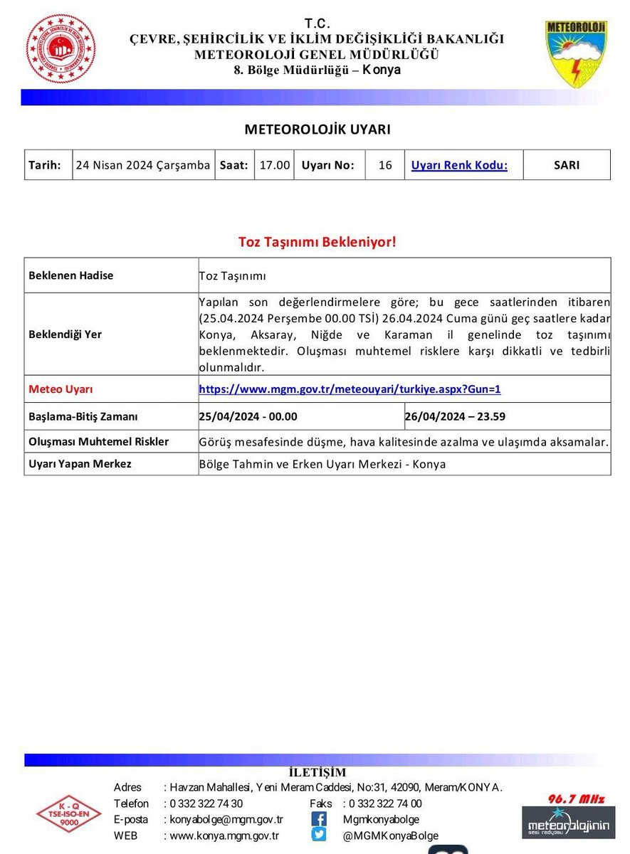 Meteorolojik Uyarı ⚠️ Batı ve İç Kesimlerde Toz Taşınımı Bekleniyor ❗️ 📍Görüş Mesafesinde Düşme, 📍Hava Kalitesinde Azalma, 📍Ulaşımda Aksamalar gibi oluşması muhtemel risklere karşı vatandaşlarımızın tedbirli ve dikkatli olması önem arz etmektedir. #Konya