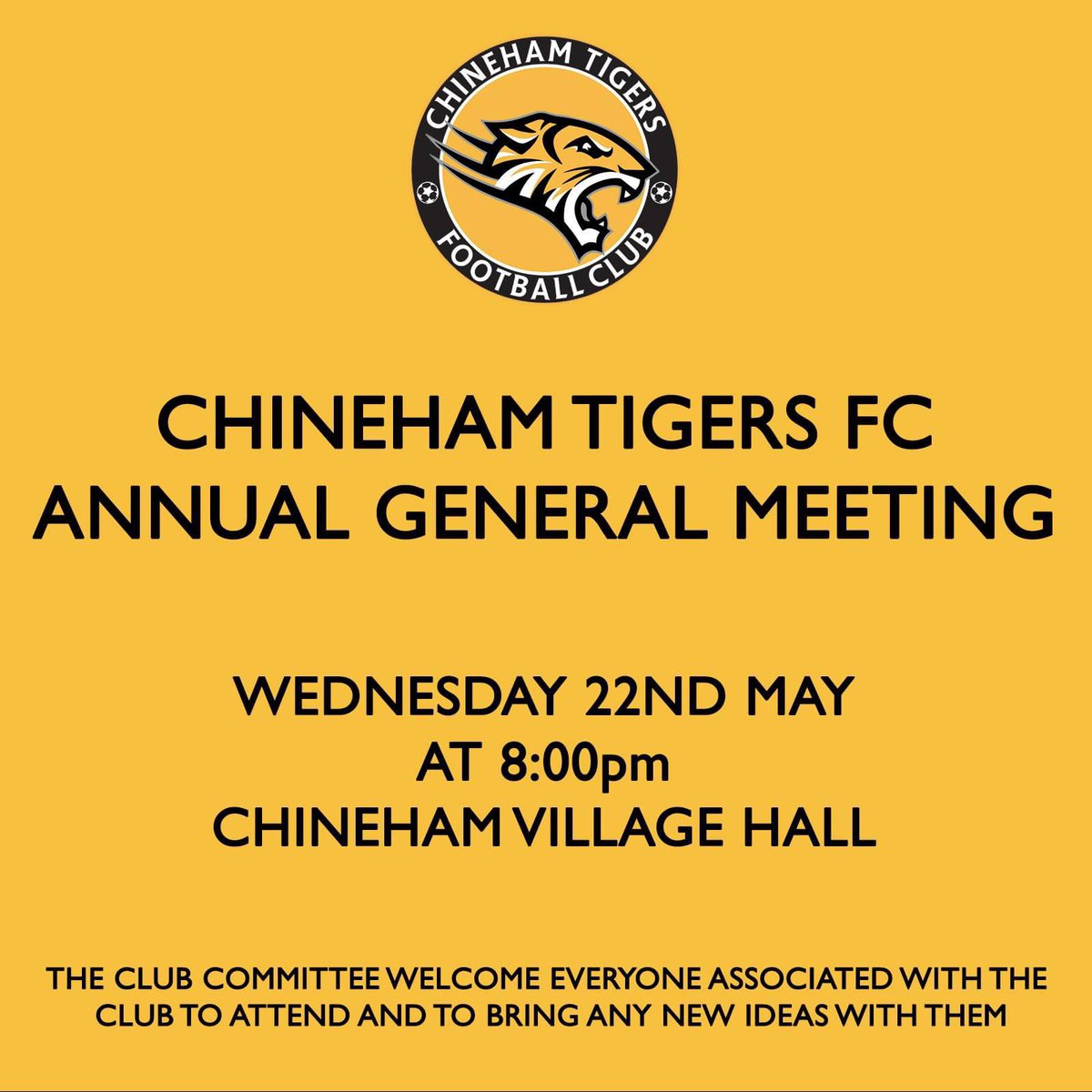 It's AGM Time! 🐯

Our AGM is open to all associated with the club to contribute new ideas and hear about the season just completed ⚽

Wednesday 22nd May 2024, 8PM at Chineham Village Hall #ChinehamTigers #grassrootsfootball